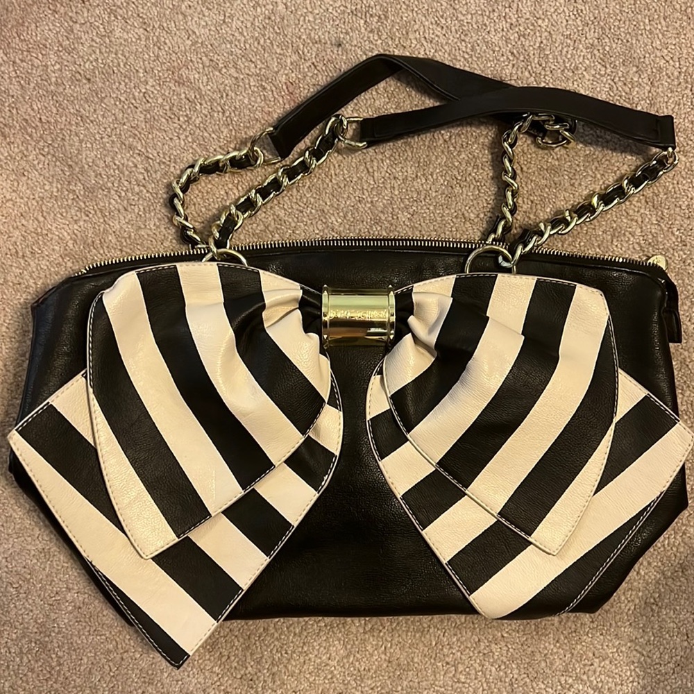 Betsy Johnson Black Leather Shoulder Bag with Black&White Striped Bow